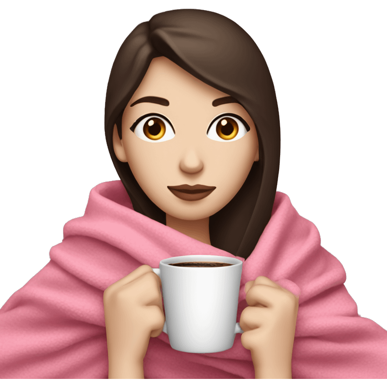 Woman with pale skin, blue eyes, and dark brown hair drinking coffee while wrapped in a pink blanket emoji