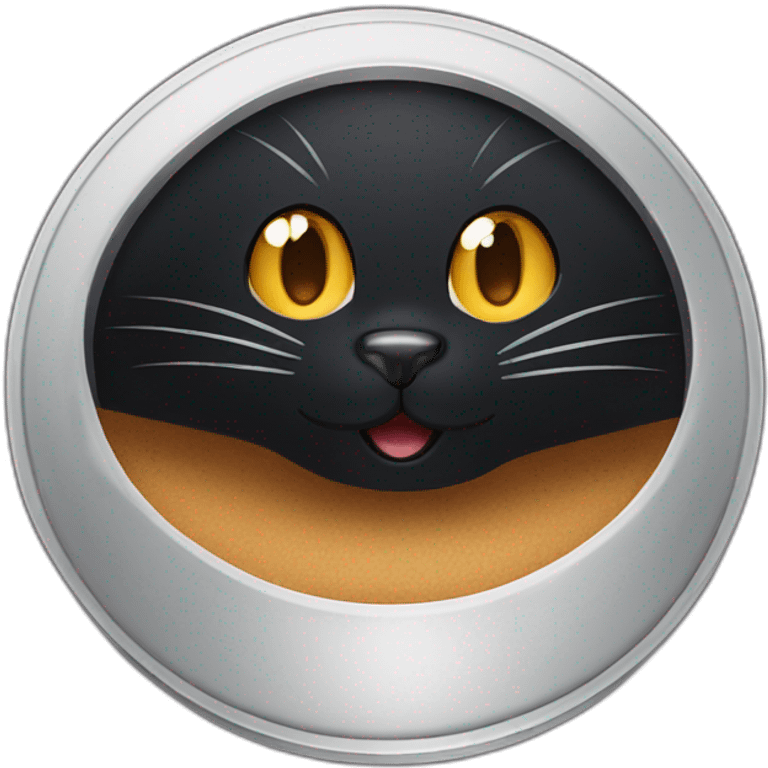 a big black cat with brown eyes holds a lid in his mouth emoji