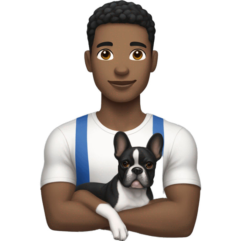 athletic light skin male with short black hair holding a french bulldog emoji