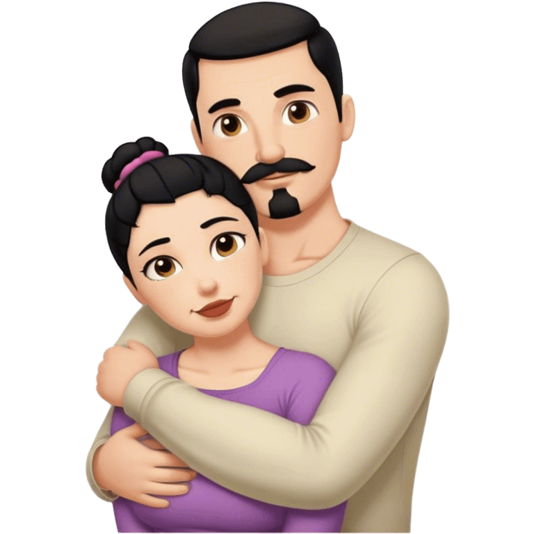 Tall strong white man with dark brown mustache goatee hugging a chubby short pale woman with black hair bun emoji