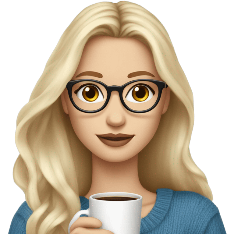 Blonde balayage long hair white women beige sweater blue eyes and small glasses holding coffee emoji