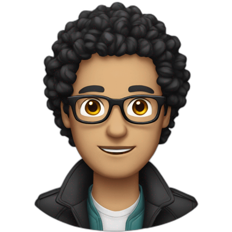 white man with curly black hair, glasses, a jacket and a necklace emoji