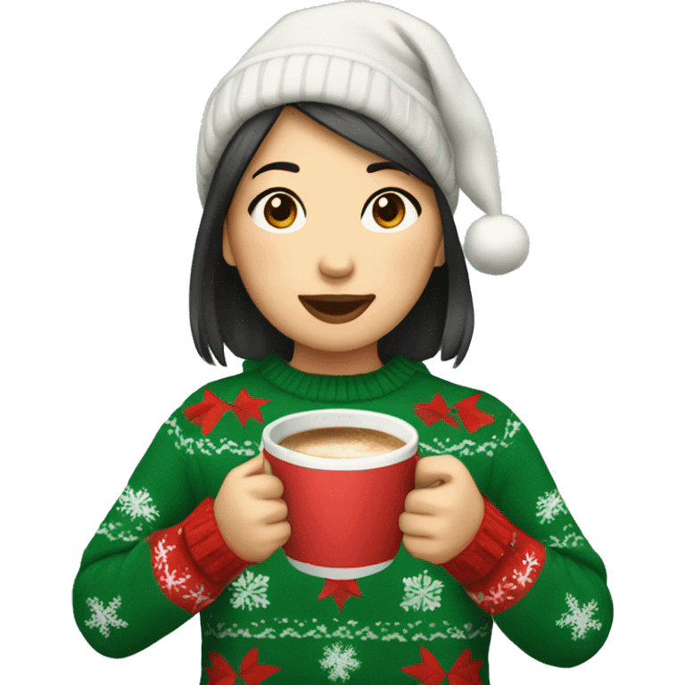 asian girl drinking coffee wearing Christmas sweater emoji