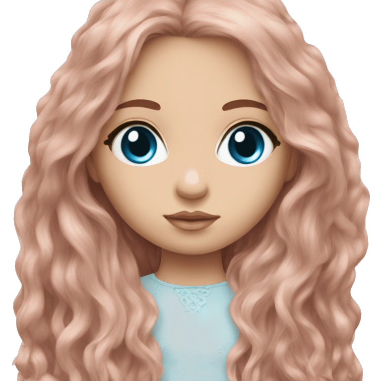 ocean blue doll eyes, brown long hair, feminine, pink, girl, angelic emoji