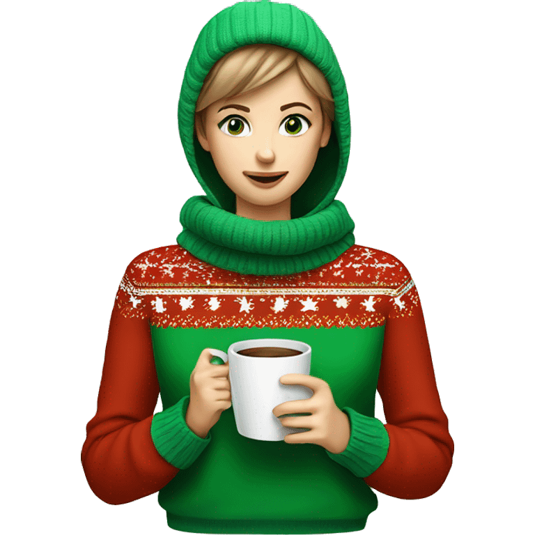 Light brown short haired girl with green eyes drinking coffee wearing blue Christmas sweater emoji