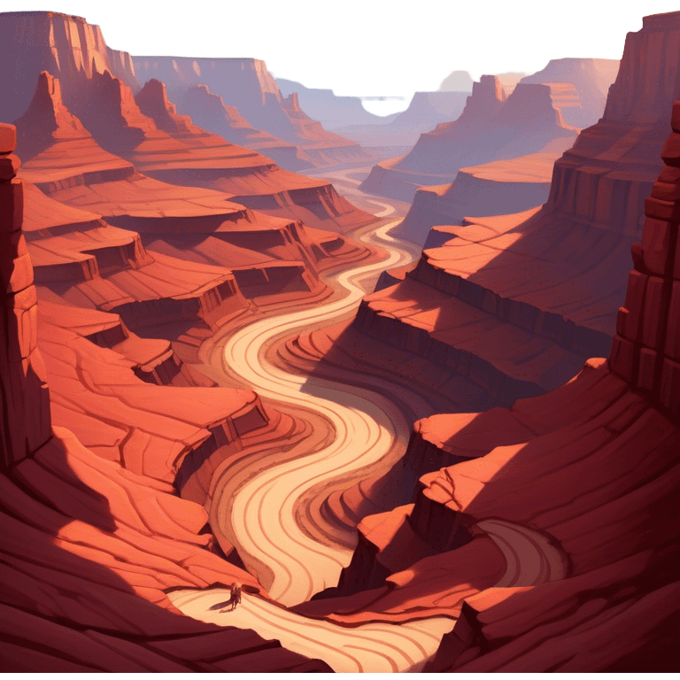 Cinematic Realistic Canyon Emoji, Vast and rugged, with deep red rock formations and winding paths leading down to a dry, dusty floor. Sunlight casts long shadows across the craggy surfaces, highlighting the layers of ancient rock. Soft glowing outline, capturing the essence of dramatic beauty and ancient history in a mighty canyon. emoji