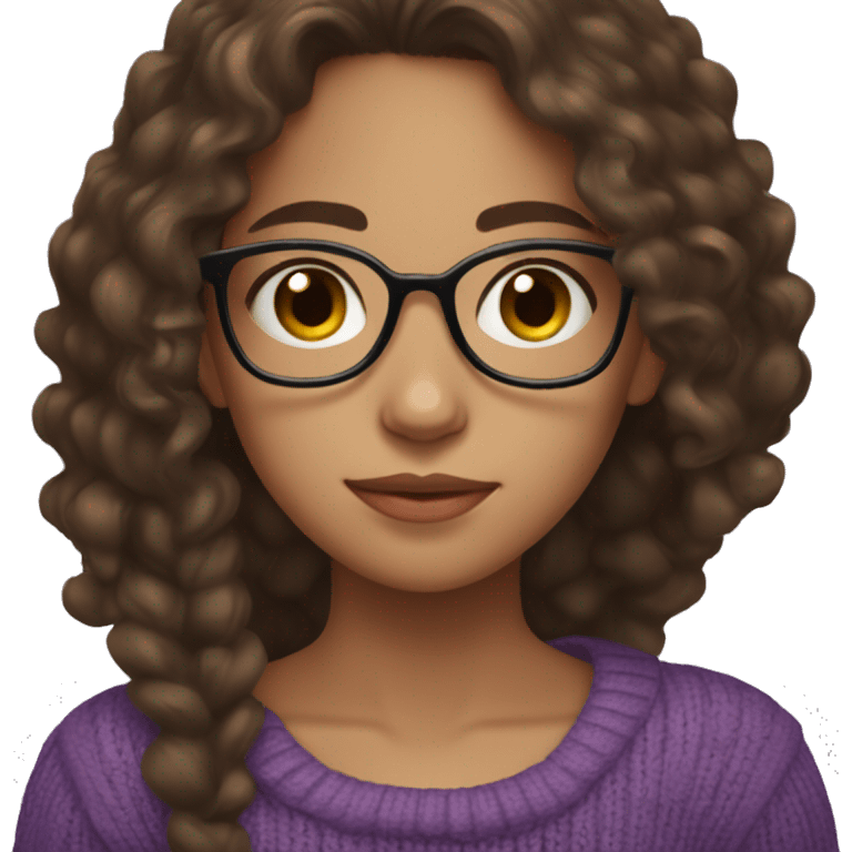 young girl, young hispanic, long brown hair, long curly brown hair, brown eyes, purple winter sweater, glasses emoji