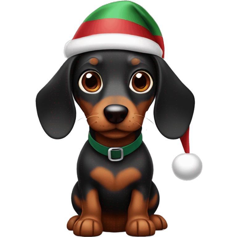 A black and brown Wiener Dog wearing a Santa hat emoji