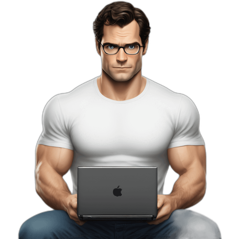 front view of henry cavill clark kent wearing white t-shirt using a laptop emoji