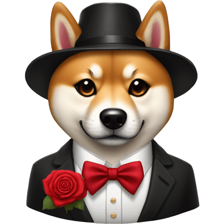 un shiba godfather avec une rose rouge sur le costume emoji