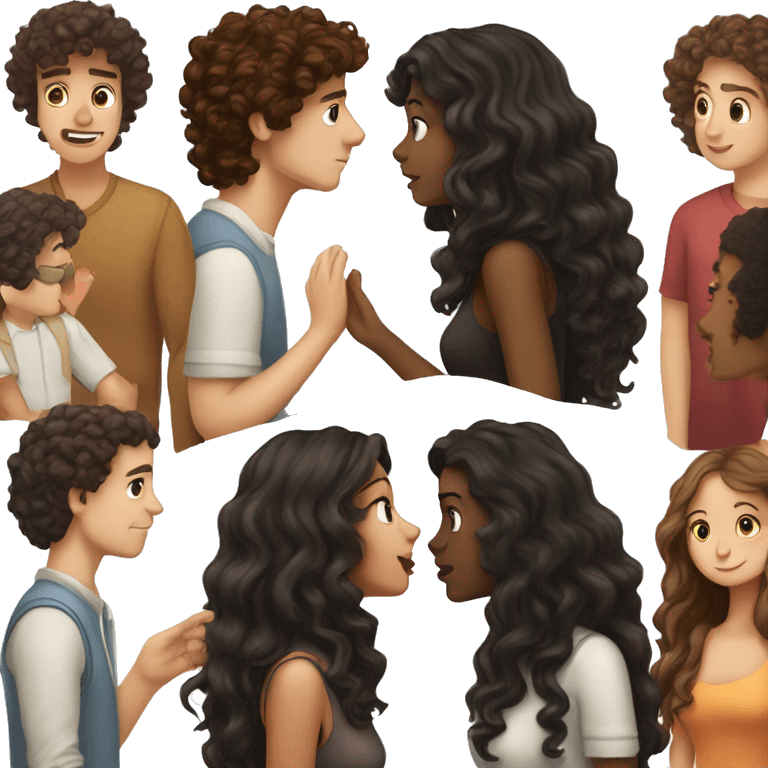 a couple kissing, a white skin man with dark brown curly hair and the female with brown skin black long wavy hair emoji