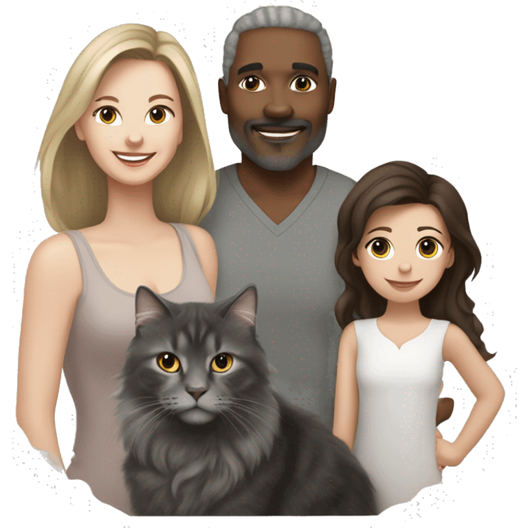 black dad, white brunette mom, mixed two year old daughter and a grey norwegian forest cat emoji