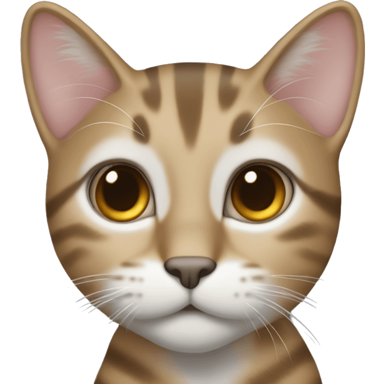  I would like an emoji of a cat with a light brown and gray coat. The cat has a tabby pattern with darker stripes and spots, especially on its legs and tail. The cat’s face has a light-colored snout, a dark nose, and expressive blue eye emoji