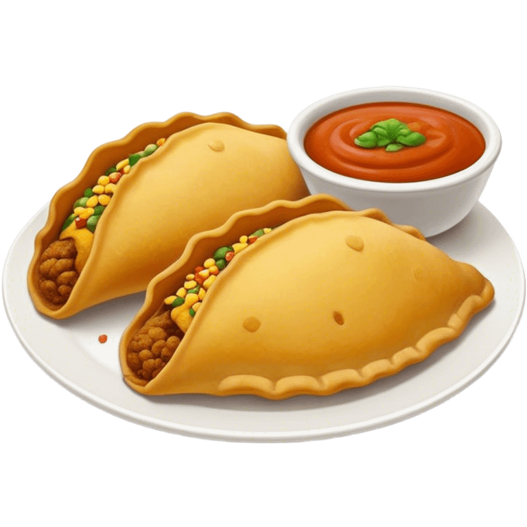 Cinematic Realistic Colombian Cornmeal Empanadas Emoji, showcasing the golden, crispy shell filled with savory meats and spices, served with a side of aji dipping sauce, rendered with vibrant textures and warm, inviting lighting. emoji