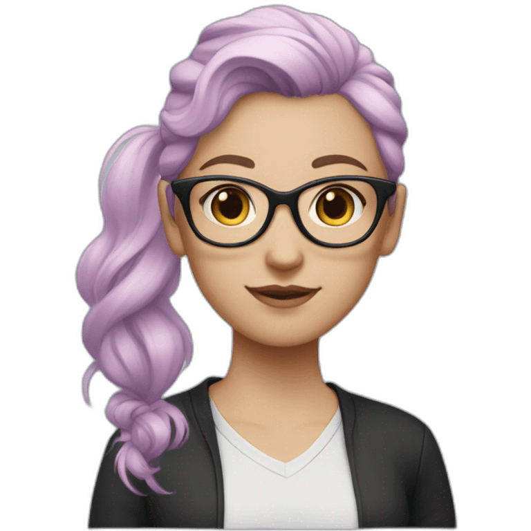 White girl with light purple hair with Ponytail and pastel pink and pastel blueglasses with a black shirt emoji