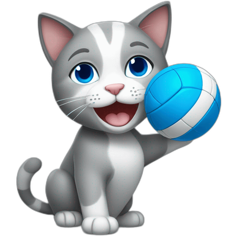 a happy gray cat with blue eyes and a volleyball emoji