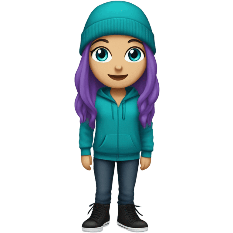 White girl, blue eyes, long teal hair, purple beanie hat, black hoodie, blue jeans, black shoes emoji