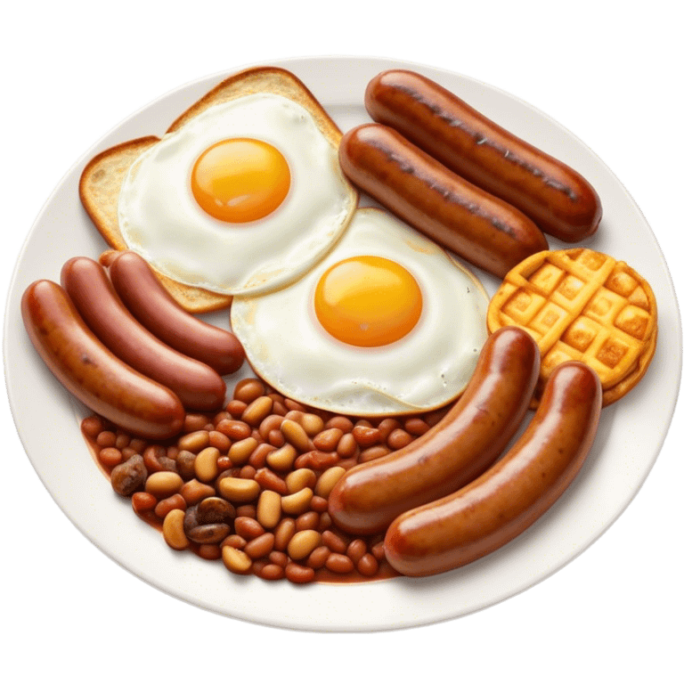 English Breakfast Cinematic Realistic English Breakfast Dish Emoji, depicted as a hearty plate featuring 2 sizzling sausages, a central serving of baked beans, 2 perfectly fried eggs, 2 sliced grilled tomatoes, 2 grilled mushrooms, and a triangle-shaped hash brown, rendered with vivid textures and warm, inviting lighting. emoji