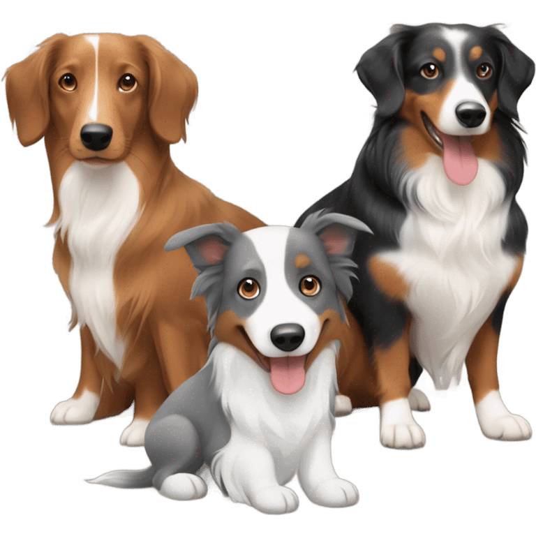 Grey and white border collie with a black and tan short haired dachshund and a brown long haired dachshund  emoji