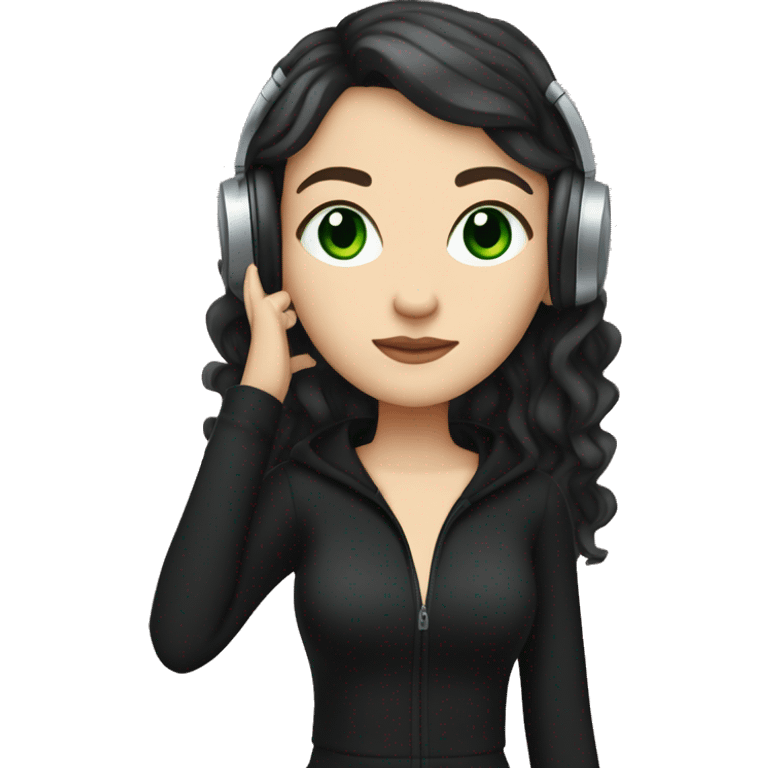 White  girl with dark hair green eyes, black clothes, listening to music  emoji