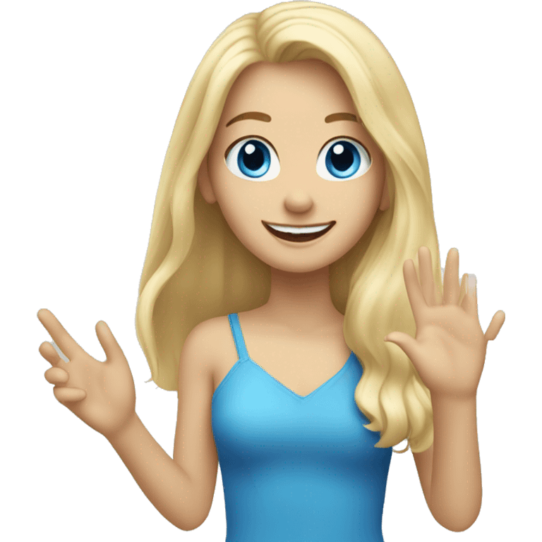 blonde long hair blue eyes girl waving her hand and smiling emoji