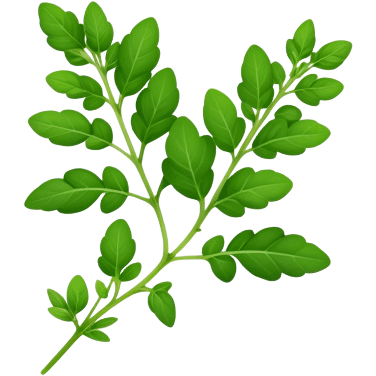 Cinematic Realistic Oregano Emoji, Bold and aromatic, with dark green leaves that radiate flavor and warmth. The plant’s rounded leaves create a lush, hearty growth, while the distinct scent invites comfort and coziness. Soft glowing outline, capturing the essence of bold flavor and herbal richness in a sprig of oregano! emoji