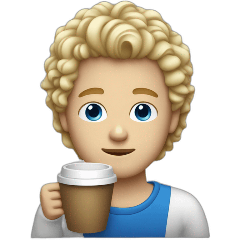 White guy with curly blonde hair and blue eyes drinking coffee  emoji