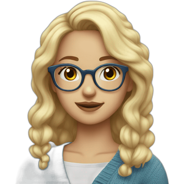 a blonde girl, 23 years old, with transparent! glasses, very cute, with blue cardigan with clouds emoji