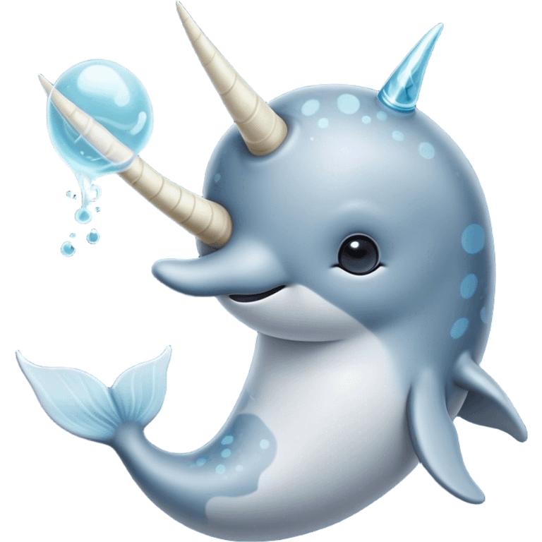 Cinematic Noble Narwhal Portrait Emoji, Poised and majestic, with a robust, streamlined body draped in mottled, silvery-gray skin, featuring a long, spiraled, ivory tusk and deep, thoughtful eyes that exude ancient oceanic wisdom, Simplified yet sharp and sophisticated features, highly detailed, glowing with a soft, ethereal arctic glow, high shine, intelligent and enigmatic, stylized with an air of mythical marine grandeur, focused and graceful, soft glowing outline, capturing the essence of a watchful and confident sea unicorn that appears ready to glide out of the screen with timeless authority! emoji