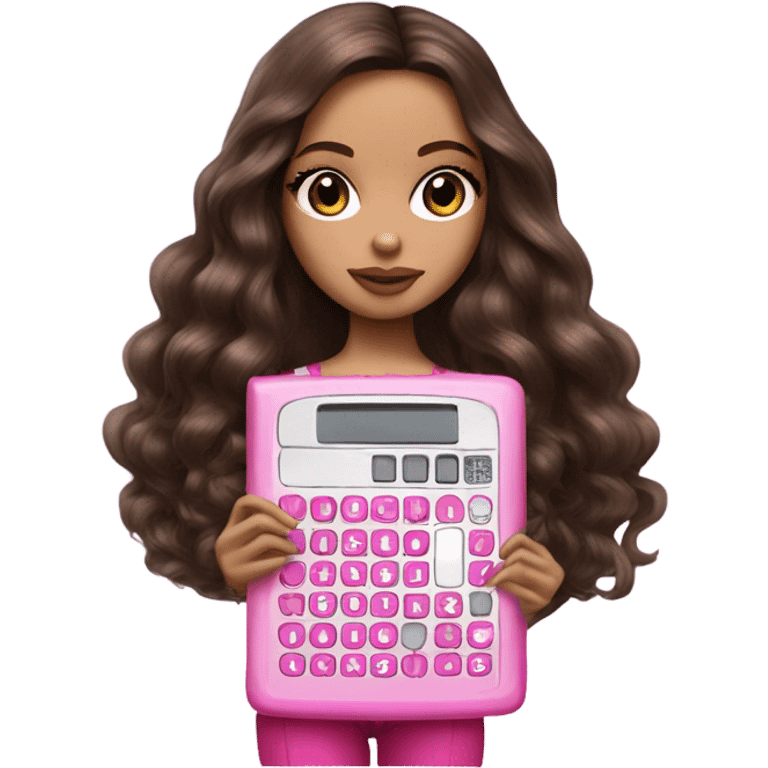 Hyper realistic bratz doll brunette with pink calculator emoji