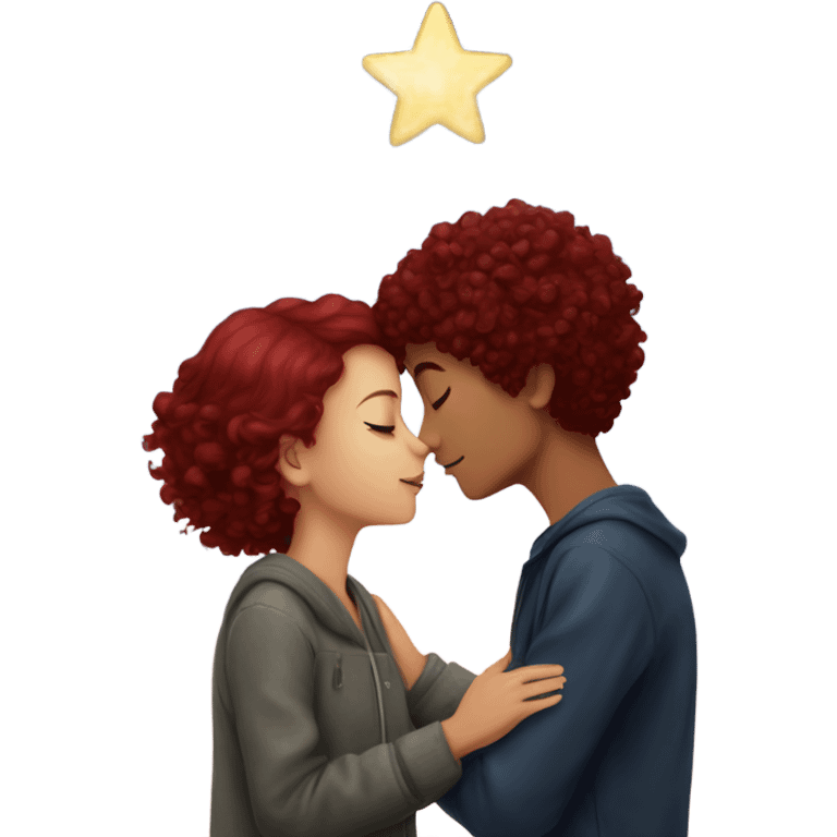 girl with burgundy hair kissing a boy with curly short hair under a sky of star emoji