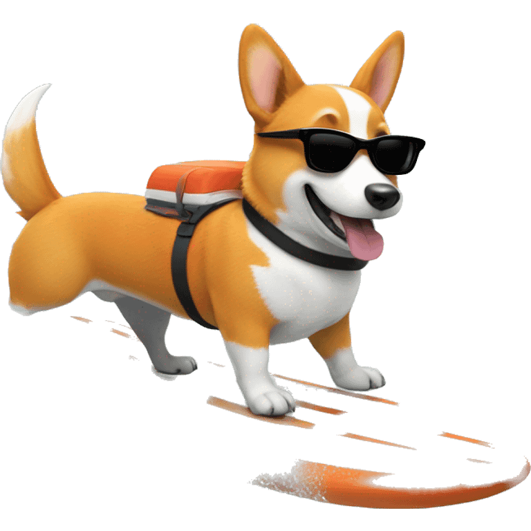 Orange corgi with sunglasses in a shark costume riding a surfboard with ocean waves emoji