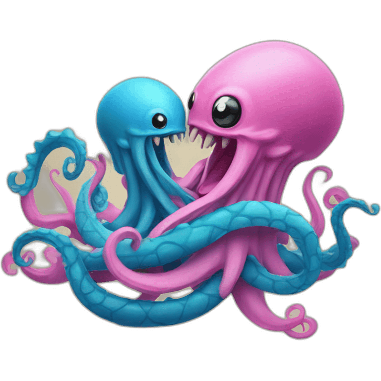 a blue kraken fighting  with another pink kraken emoji