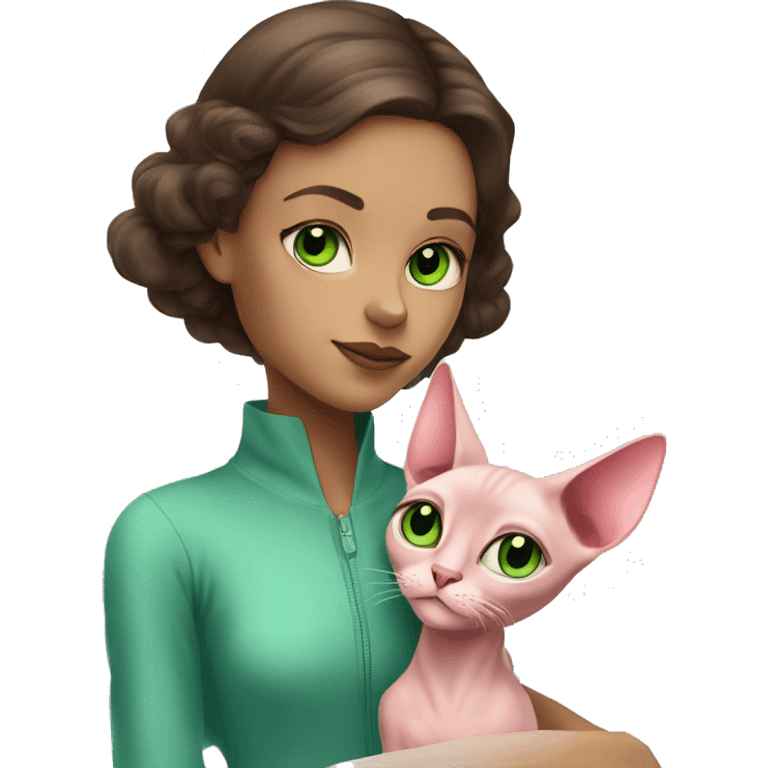 A brunette girl with blue eyes cuddles a pink sphinx cat with green eyes emoji