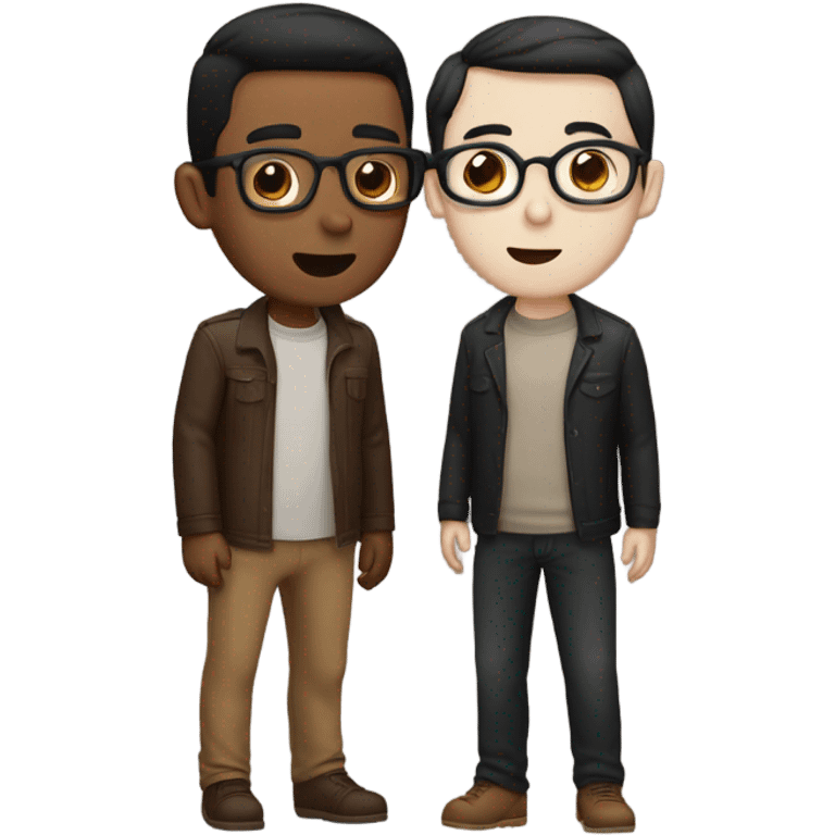 Two men kissing, one white skin with black hair, one brown with glasses emoji