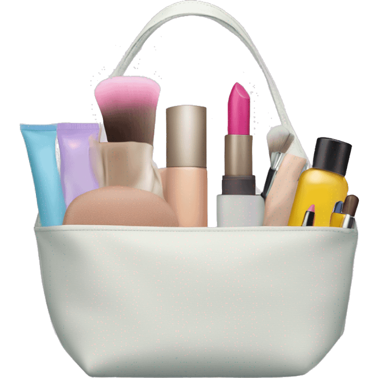 a bag containing cosmetics. some cosmetics peeking out of a cosmetic bag emoji