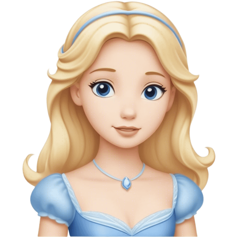 Cinematic Serene Cinderella Portrait Emoji, rendered in a realistic, vector-style with minimal shading. Depict a gentle Cinderella (chest and above) with porcelain skin, smooth blonde hair falling in soft waves, and calm, inviting eyes. Dressed in her modest daytime dress, she exudes quiet grace and pure enchantment, highlighted by a soft glowing outline. emoji