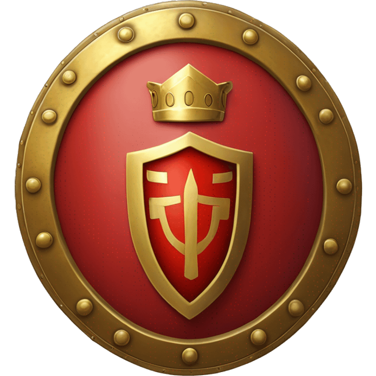 A bright red, oval-shaped Roman legionary shield with bold golden edges and a central gold boss. The shield features subtle geometric patterns and a worn texture, symbolizing both protection and battle readiness emoji