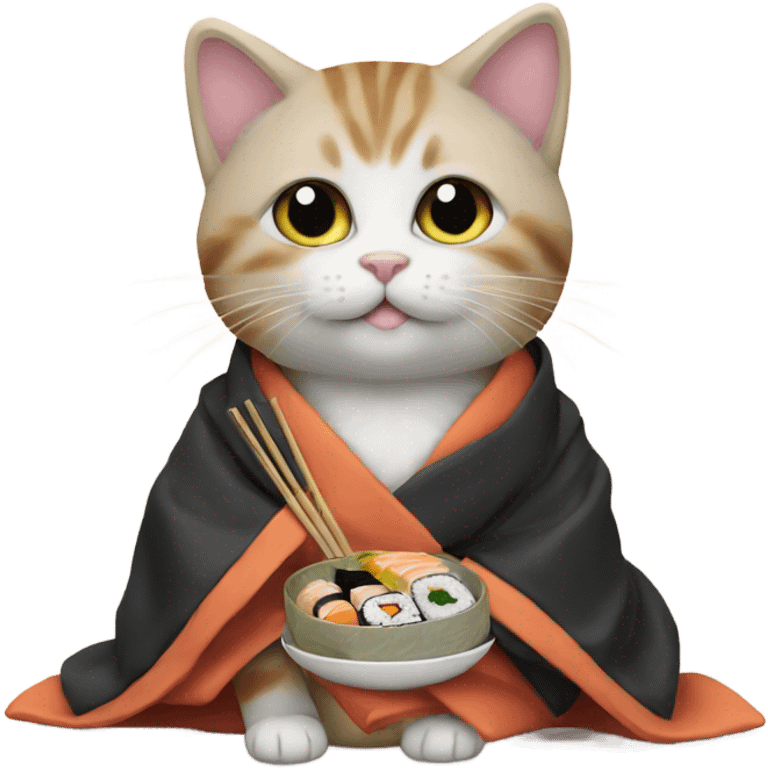 kitten wearing a big coat eating sushi emoji