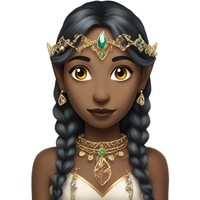 european elf princess with pointy ears, dark hair with jewellery,  emoji