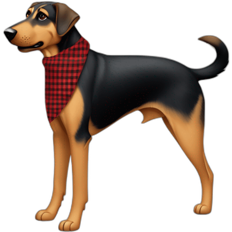 adult 75% Coonhound 25% German Shepherd mix dog with visible tail wearing small pointed red buffalo plaid bandana full body walking left quickly emoji