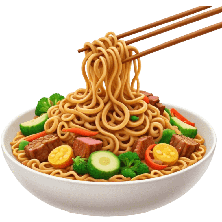 Cinematic Realistic Mie Goreng Dish Emoji, featuring stir‚Äêfried noodles with vegetables and meat rendered with dynamic textures and warm, appetizing lighting. emoji