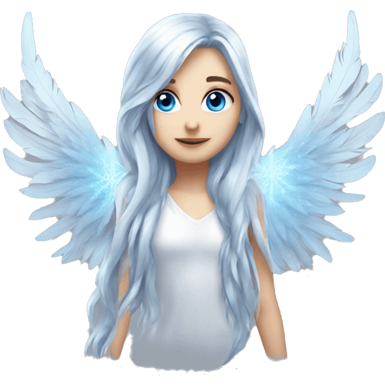 big wings, silver, feather, icy ,snowflake, Beautiful, fairy, long hair, blue eyes emoji