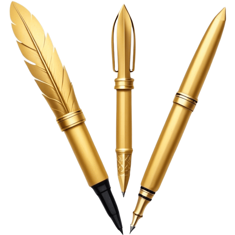 two golden quills with feathers and fountain pen tips crossing in front of each other like an X
Color: Gold. style like an emoji with gradients and shadowing minimal esthetic, white backgroudn emoji