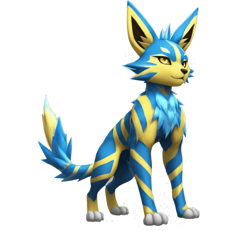 Anthro Edgy Cool Zeraora-Jolteon-Pokémon-Fakémon with shiny blue stripes Full Body Detailed High Quality  emoji