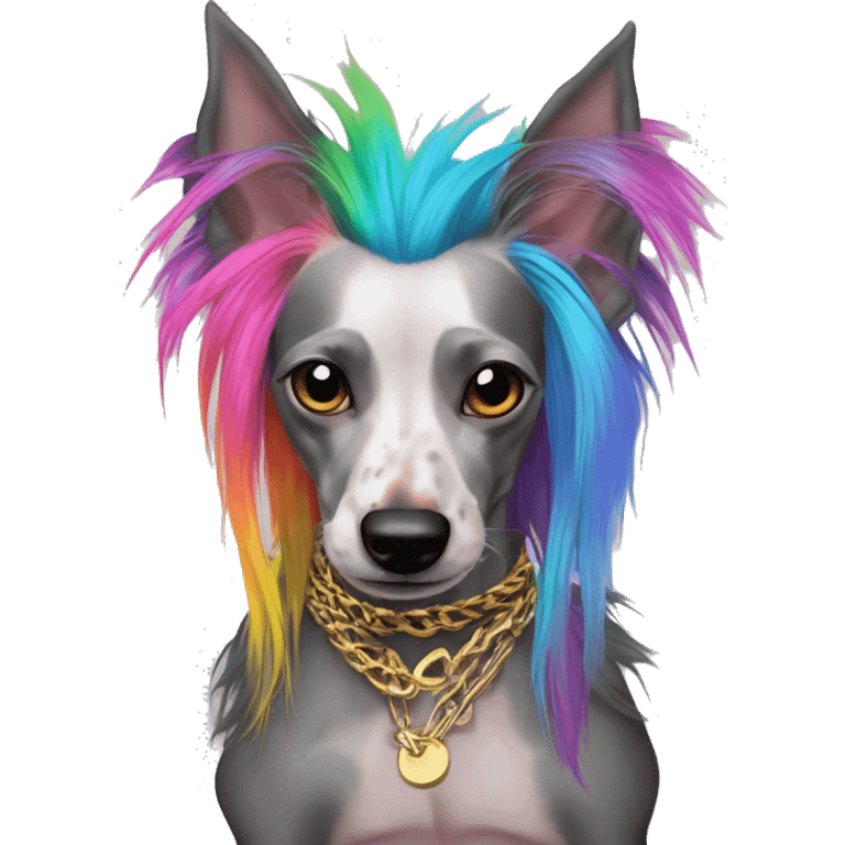 Punk Chinese crested dog neon rainbow hair gold chain punk piercings tattoos punk ear piercings emoji