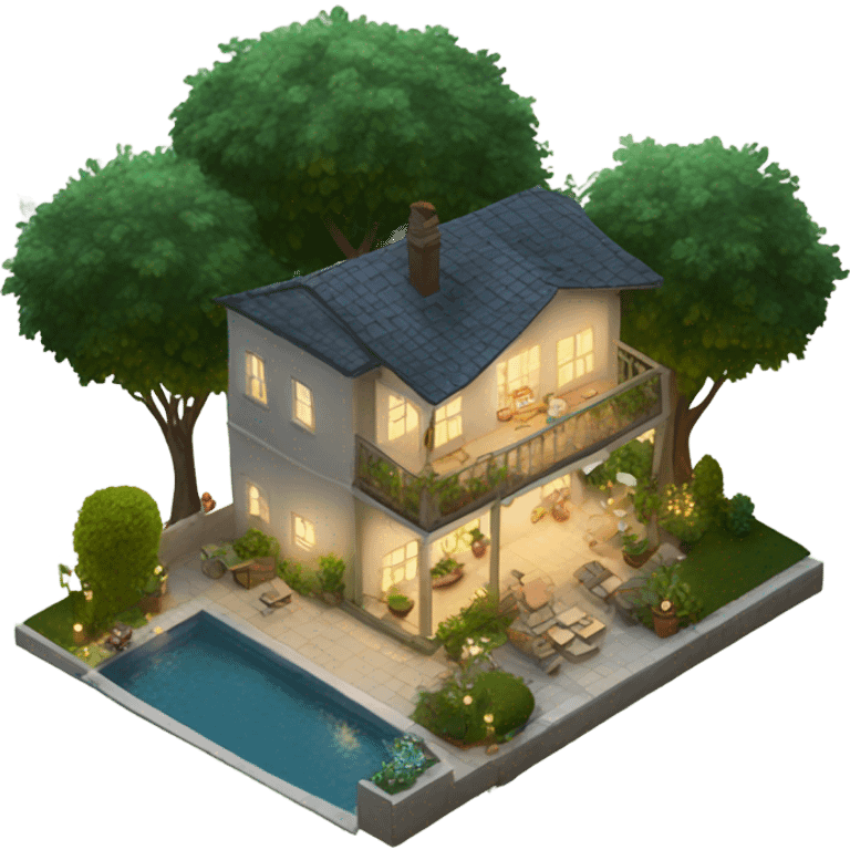 4 floor, trees in the garden, lights on, villa emoji