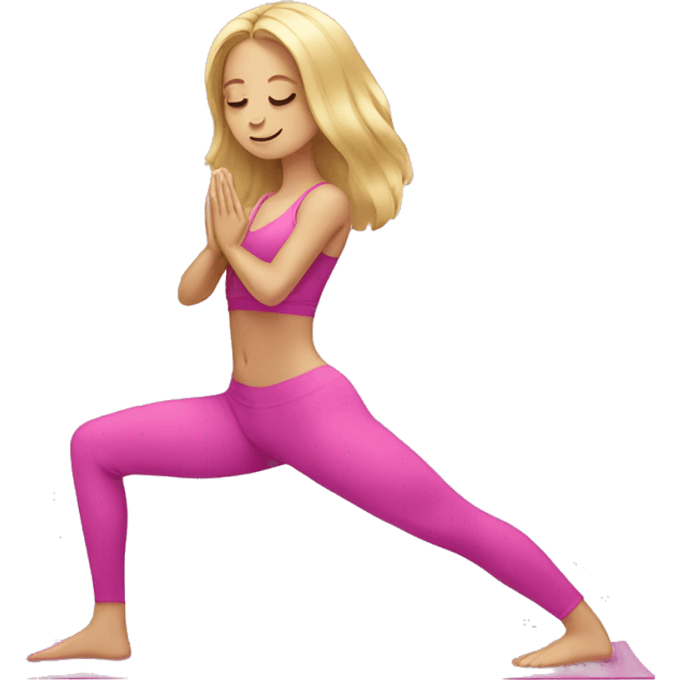 long hair blonde girl doing yoga wearing pink emoji