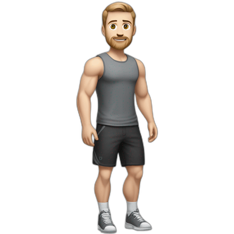 Full height Pale skinned muscular man With Realistic eyes and mouth, light brown hair and stubble In dark gray sleeveless mike, black oversize sports shorts, watch and white sneakers. emoji