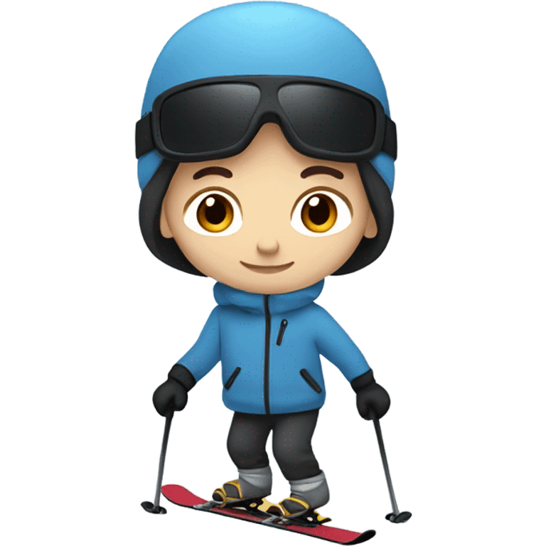 White boy with brown hair skiing on blue skis. Wearing a light gray coat. And a pair of black snow pants.  emoji